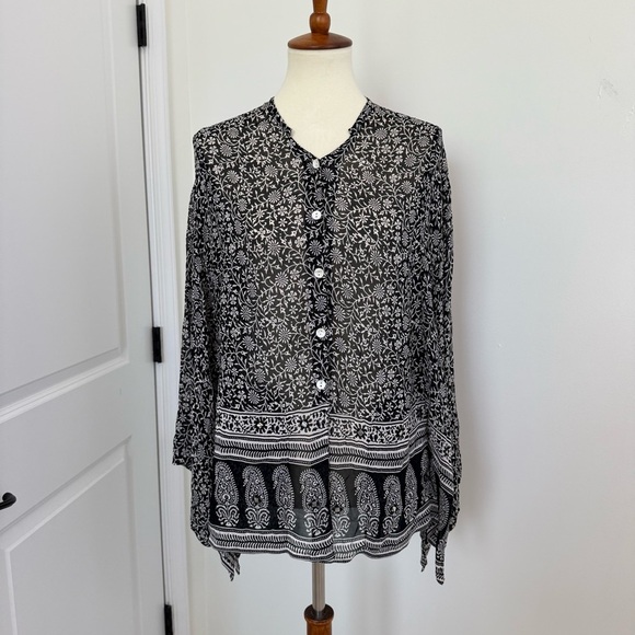 Rene Derhy Top Womens Large Black White Paisley Artsy Boho Peasant Blouse - Picture 1 of 10